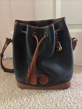 Dooney & Bourke Navy Pebbled Leather Drawstring Bucket Bag with Brown Trim